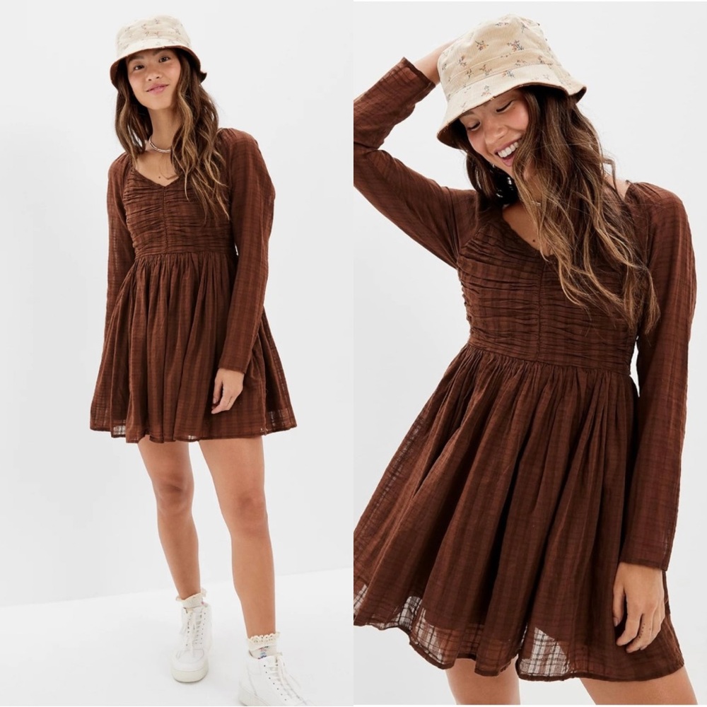 AE Ruched Long-Sleeve Mini Dress in Brown - S - Picture 5 of 16